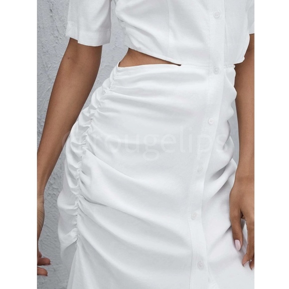 White Button Front Cut Out Back Midi Dress Short Sleeve Ruched Hips Collared - Picture 2 of 10